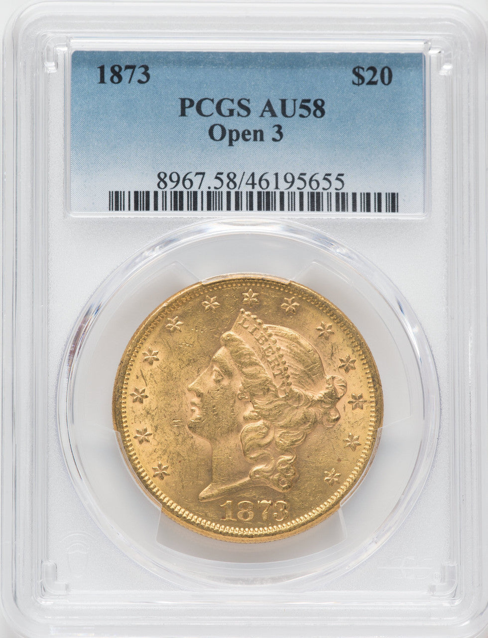1873 $20 OPEN 3 Liberty Double Eagle PCGS AU58