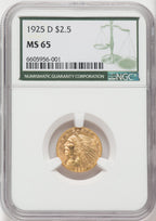 1925-D $2.50 Green Label Indian Quarter Eagle NGC MS65