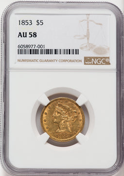 1853 $5 Liberty Half Eagle NGC AU58