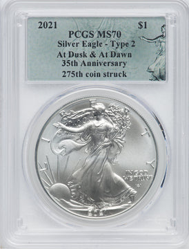 2021 American Silver Eagle Type 2 At Dusk & Dawn 35th Anniversary 275th PCGS MS70
