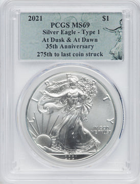 2021 $1 One-Ounce Silver Eagle Type 1 At Dusk & Dawn 35th Anniversary 275th PCGS MS69