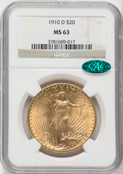 1910-D $20 CAC Saint-Gaudens Double Eagle NGC MS63