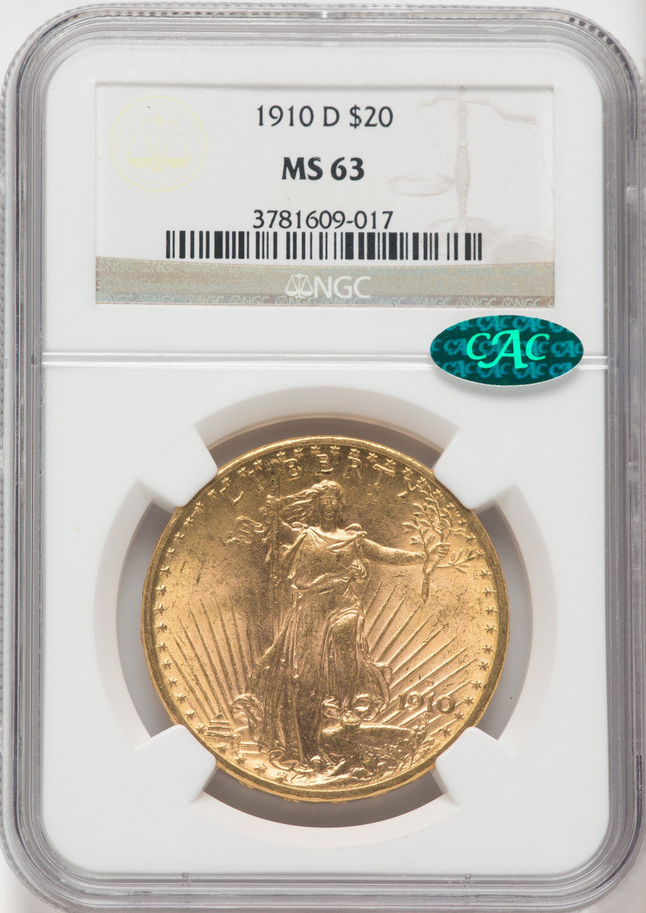1910-D $20 CAC Saint-Gaudens Double Eagle NGC MS63