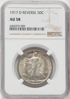 1917-D 50C REVERSE Walking Liberty Half Dollar NGC AU58