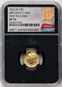 2016-W 10C Mercury Dime Gold 100th Anniversary First Releases NGC Sp70