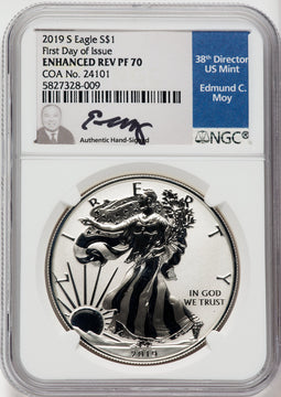 2019-S S$1 Silver Eagle Enhanced Reverse Proof First Day of Issue NGC PF70