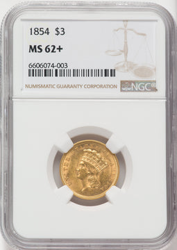 1854 $3 NGC Plus Three Dollar Gold Pieces NGC MS62+