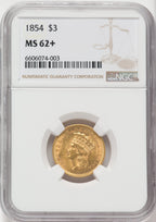 1854 $3 NGC Plus Three Dollar Gold Pieces NGC MS62+