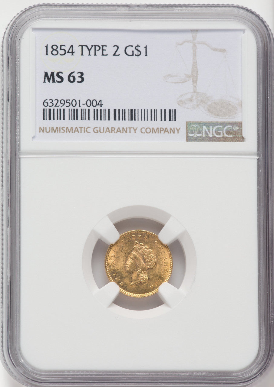 1854 G$1 Type Two Gold Dollar NGC MS63