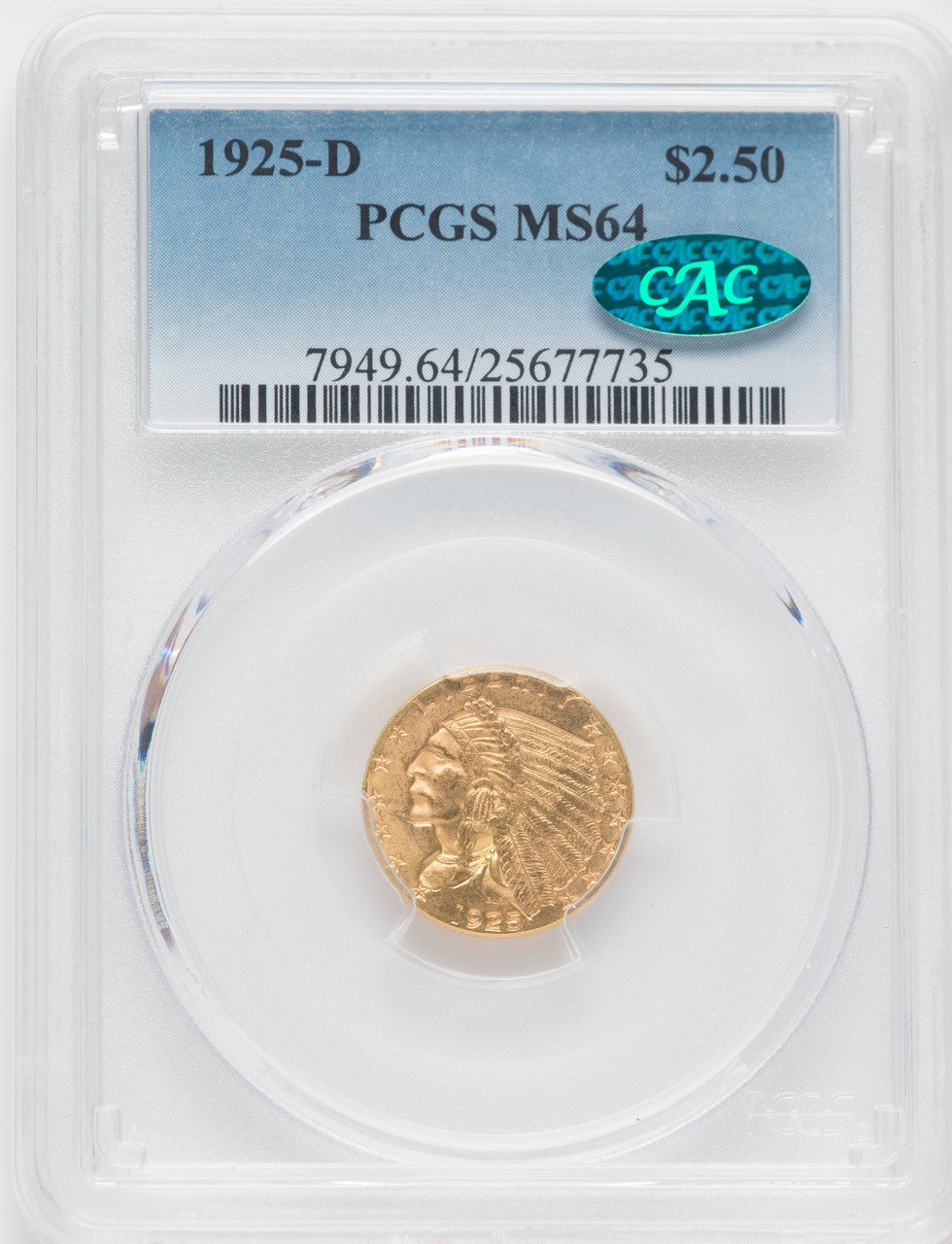 1925-D $2.50 CAC Indian Quarter Eagle PCGS MS64