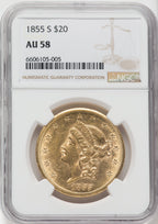 1855-S $20 Liberty Double Eagle NGC AU58