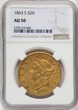 1863-S $20 Liberty Double Eagle NGC AU50