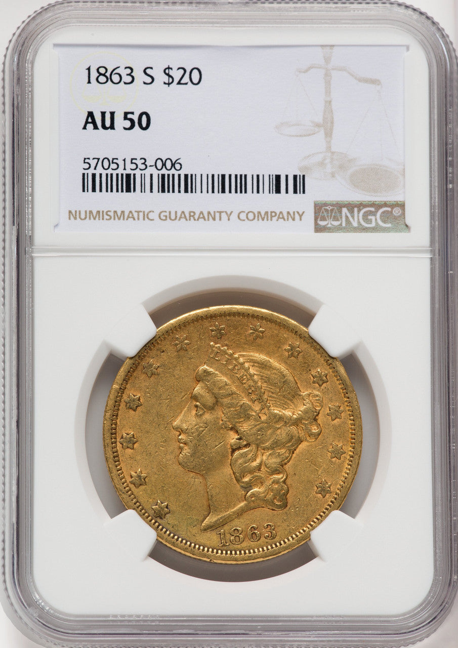 1863-S $20 Liberty Double Eagle NGC AU50