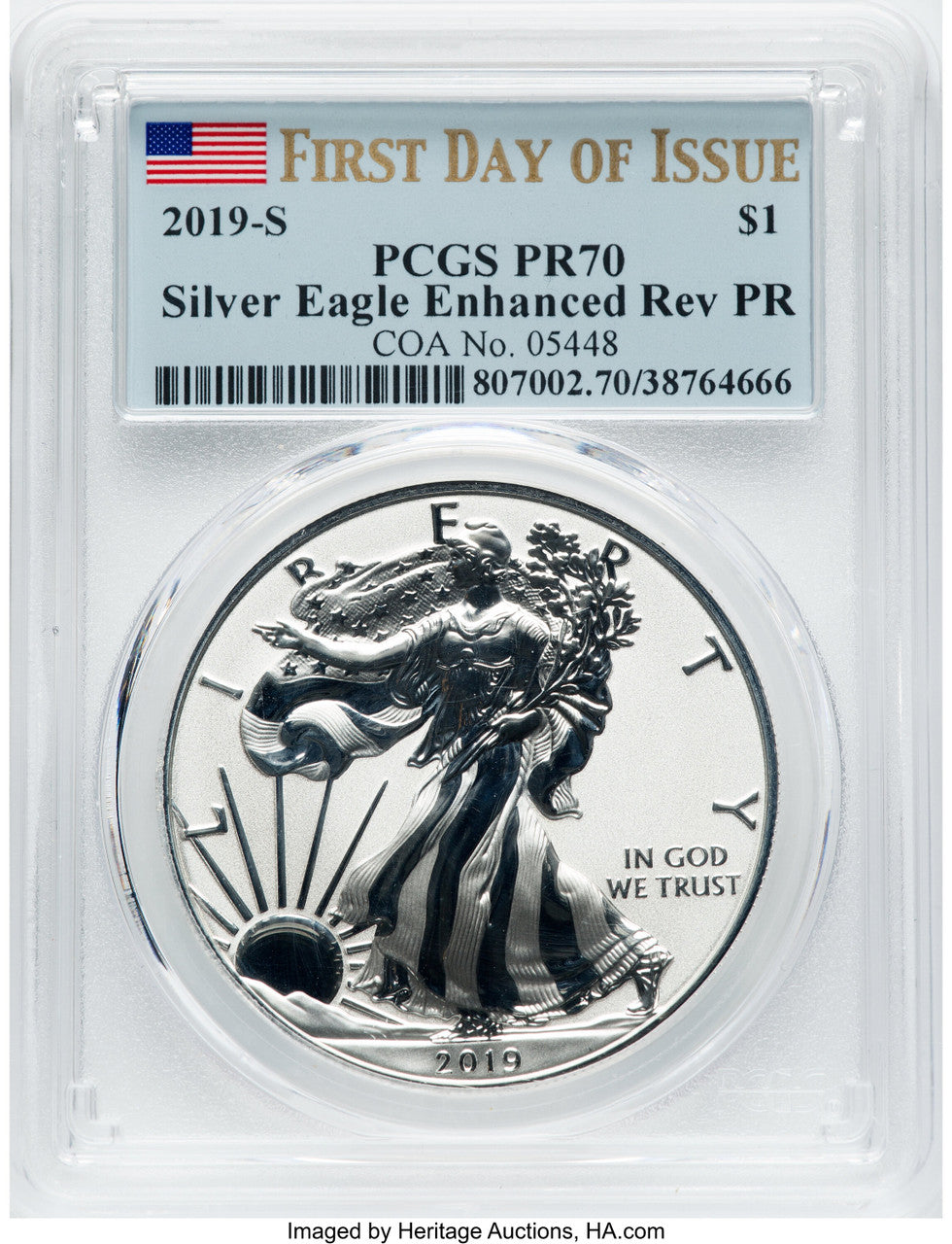 2019-S S$1 Silver Eagle Enhanced Reverse Proof First Day of Issue PCGS PR70