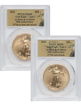 2021 $50 Gold Eagle T1 277th PCGS MS69 & T2 277th PCGS MS70 At Dusk & Dawn 35th Anniversary Set