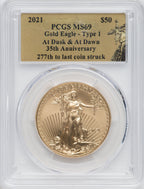 2021 $50 Gold Eagle T1 277th PCGS MS69 & T2 277th PCGS MS70 At Dusk & Dawn 35th Anniversary Set