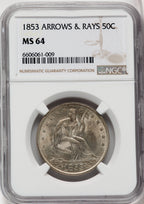 1853 50C Arrow and Rays Seated Half Dollar NGC MS64