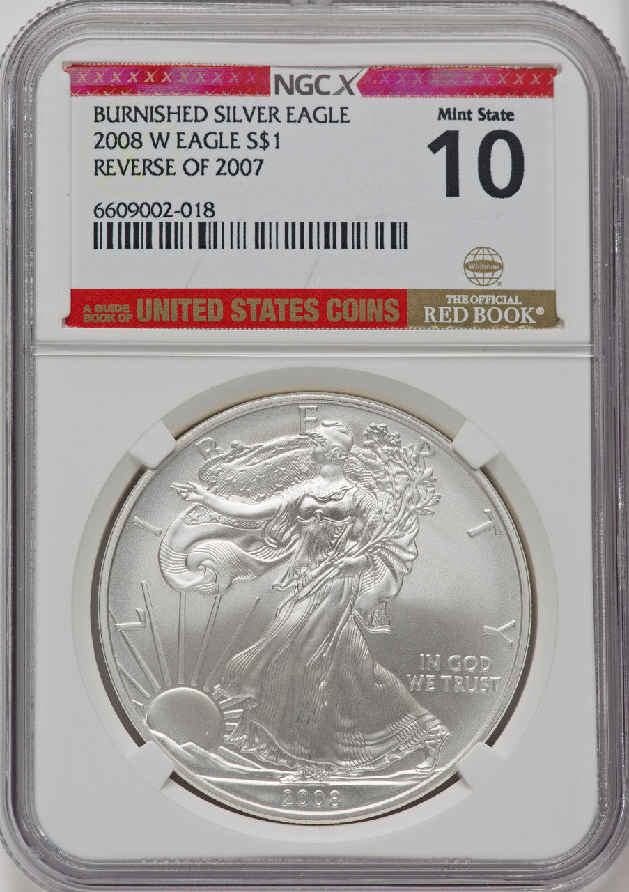 2008-W S$1 Silver Eagle Reverse of 2007 Brown Label NGCX MS10