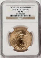 2011-W $50 One-Ounce Gold Eagle 25th Anniversary NGC MS70