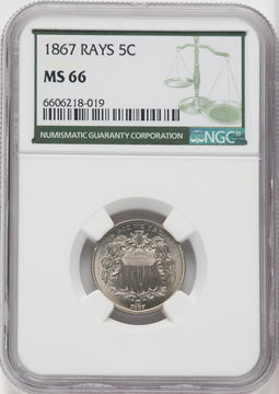 1867 5C RAYS Green Label Shield Nickel NGC MS66