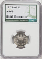 1867 5C RAYS Green Label Shield Nickel NGC MS66