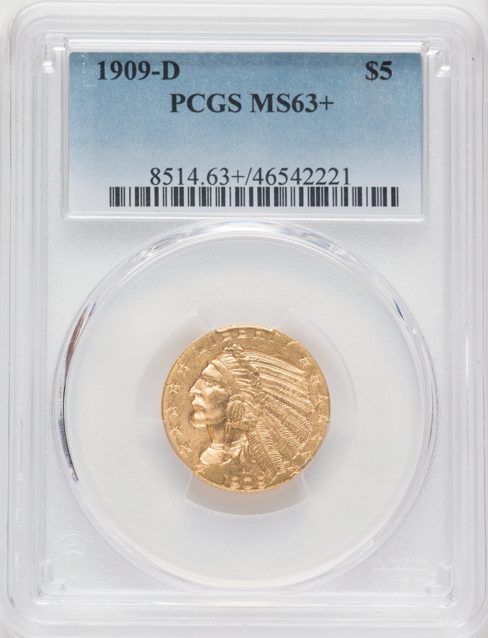1909-D $5 Indian Half Eagle PCGS MS63+