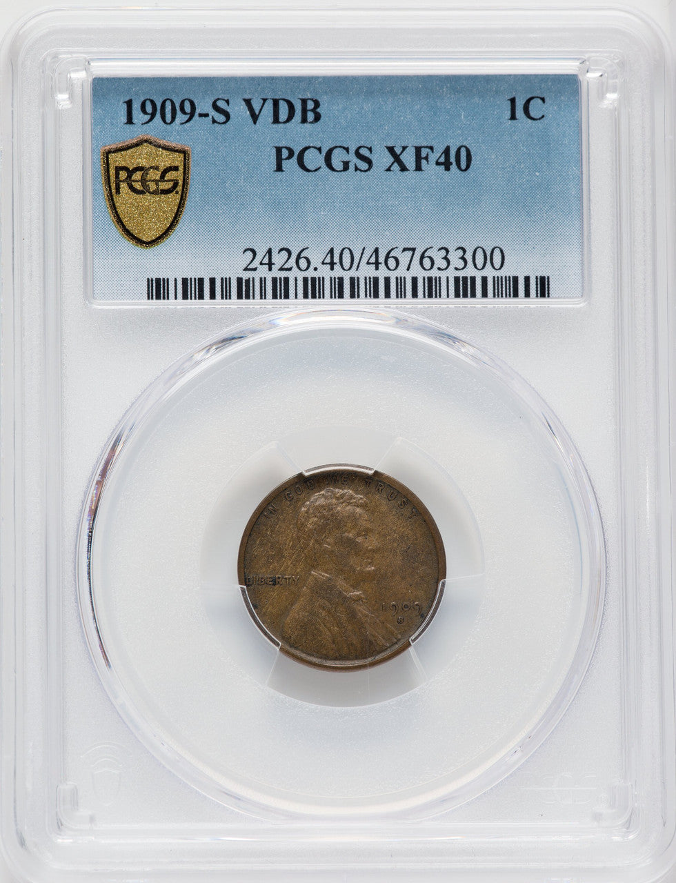 1909-S 1C VDB BN Lincoln Cent PCGS XF40