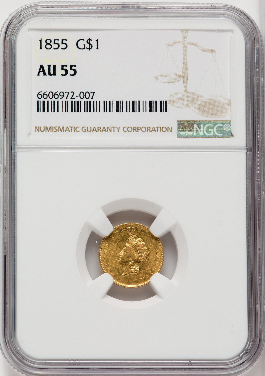 1855 G$1 Type Two Gold Dollar NGC AU55