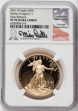 2021-W $50 One Ounce Gold Eagle Type One First Strike Mike Castle NGC PF70