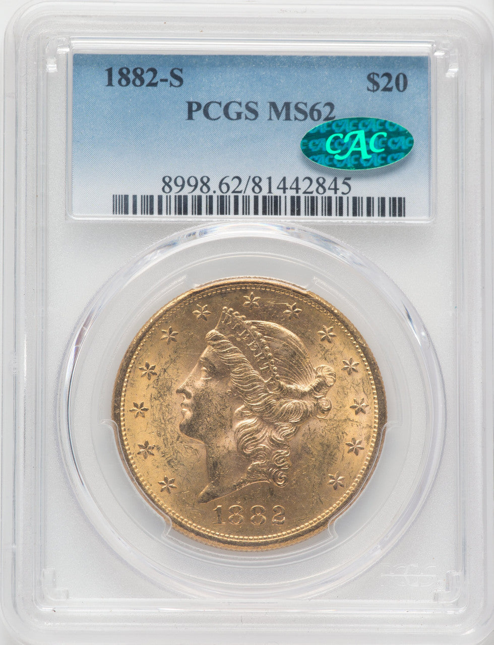 1882-S $20 CAC Liberty Double Eagle PCGS MS62