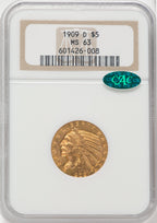 1909-D $5 CAC Indian Half Eagle NGC MS63