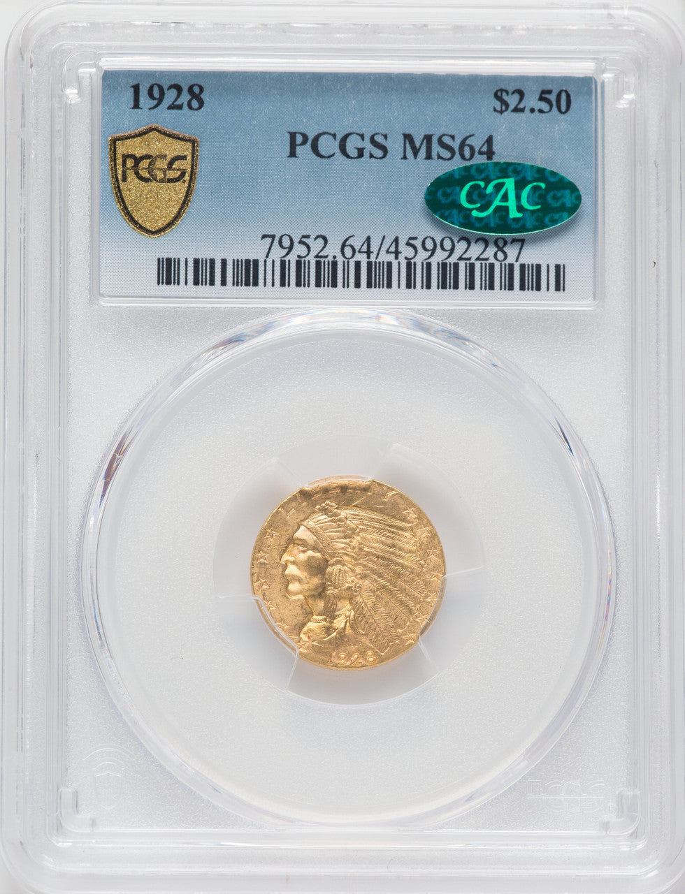 1928 $2.50 CAC Indian Quarter Eagle PCGS MS64