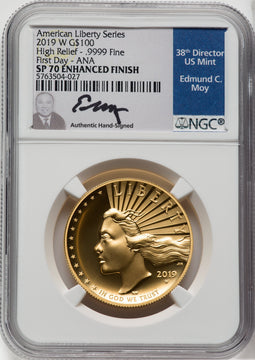 2019-W $100 High Relief First Day Chicago ANA Enhanced NGC SP70 Ed Moy