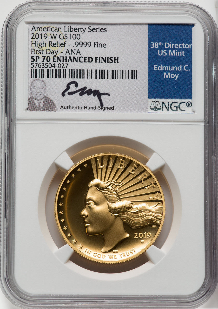 2019-W $100 High Relief First Day Chicago ANA Enhanced NGC SP70 Ed Moy