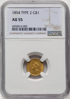 1854 G$1 Type Two Gold Dollar NGC AU55