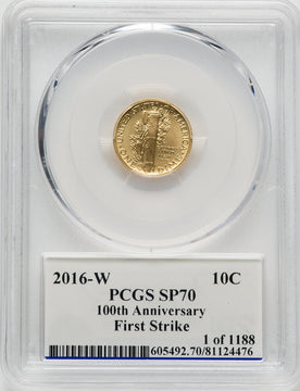 2016-W 10C Mercury Dime Gold 100th Anniversary First Strike Moy 1 of 1188 PCGS SP70