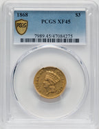 1868 $3 Three Dollar Gold Pieces PCGS XF45