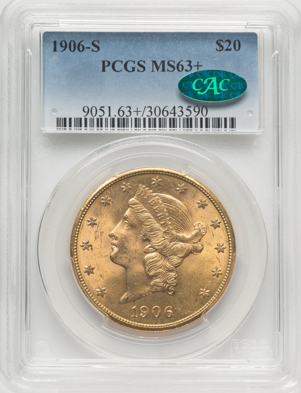 1906-S $20 CAC Liberty Double Eagle PCGS MS63+