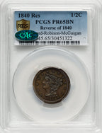 1840 1/2 C Second Restrike B-3 BN CAC Proof Half Cent PCGS PR65