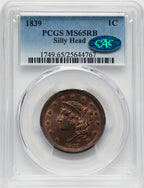 1839 Silly Head RB CAC Large Cent PCGS MS65