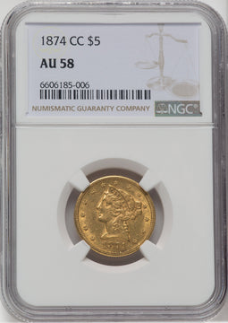 1874-CC $5 Liberty Half Eagle NGC AU58