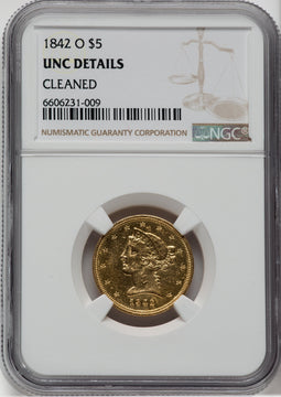 1842-O $5 Liberty Half Eagle Details NGC MS60