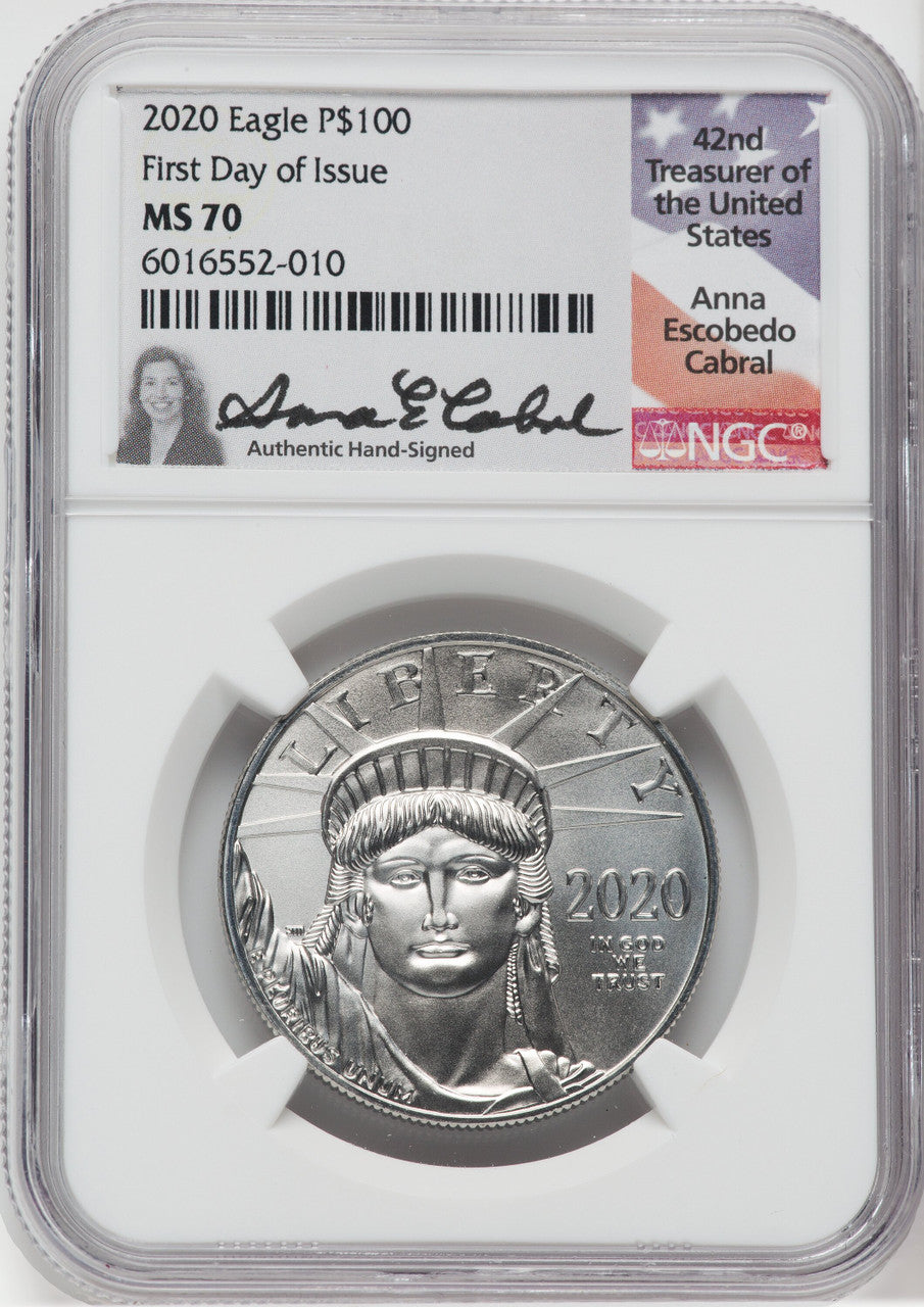 2020 $100 One Ounce Statue of Liberty First Day of Issue NGC MS70 Anna  Cabral Signed