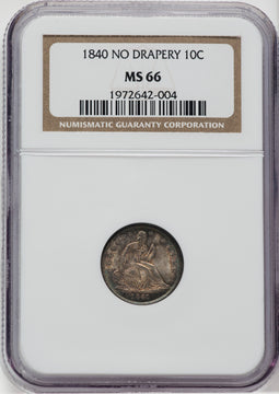 1840 10C NO DRAPERY Seated Dime NGC MS66