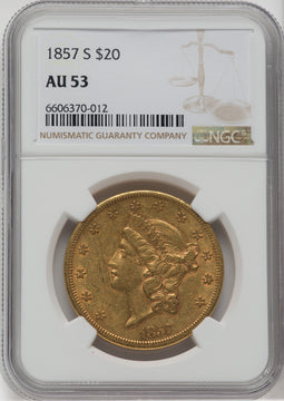 1857-S $20 Liberty Double Eagle NGC AU53