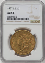 1857-S $20 Liberty Double Eagle NGC AU53