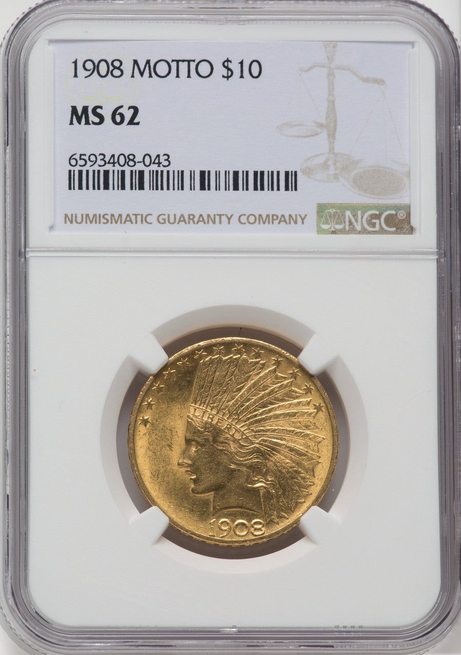 1908 $10 MOTTO Indian Eagle NGC MS62