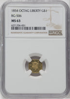1854 Liberty Octagonal 1 Dollar BG-506 R.7 California Fractional Gold NGC MS63