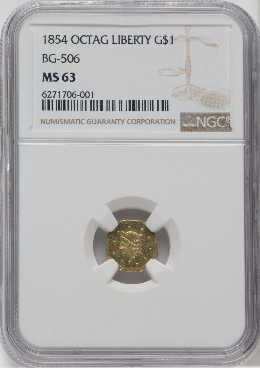 1854 Liberty Octagonal 1 Dollar BG-506 R.7 California Fractional Gold NGC MS63
