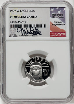 1997-W $25 Quarter-Ounce Platinum Eagle Statue of Liberty Mike Castle Signature NGC PF70